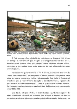 47
Figura 24: O Rio Tietê localizado na cidade de São Paulo, passa por gravíssimos problemas ambientais, as
margens e sua água servem como deposito de lixo urbano. Fonte: Blog Espaço Ambiental. (Setembro,
2008).
O Tietê começou a ficar poluído há não muito tempo, na década de 1960 foi que
ele começou a ficar conhecido pela poluição, pois carrega bactérias nocivas à saúde.
Podendo causar doenças como, por exemplo: cóleras, hepatites, micoses, corizas,
verminoses e entre outras, tendo casos graves ao se expor diretamente com esse
ambiente poluído.
No caso do ‘Rio Iguaçu’ localizado no Rio de Janeiro, sua nascente é na Serra do
Tinguá. Tem extensão de 43 km, desaguando na Baía da Guanabara. Antigamente, havia
ainda um afluente importante, o rio Pilar, hoje assoreado. Esse rio foi de fundamental
importância para o desenvolvimento da região da Baixada Fluminense, especialmente
para a criação da cidade de Nova Iguaçu. O porto de Iguaçu, que se localizava nesse rio,
foi o segundo mais importante porto fluvial do Estado do Rio de Janeiro, especialmente
entre 1830 e 1860.
Este Rio só perde para o Tietê, pois é considerado o segundo rio mais poluído do
Brasil. Como todos os outros rios Brasileiros toda a sujeira é composta de resíduos
domésticos, próximos e até mesmo moradias distante são carregadas diariamente e os
 