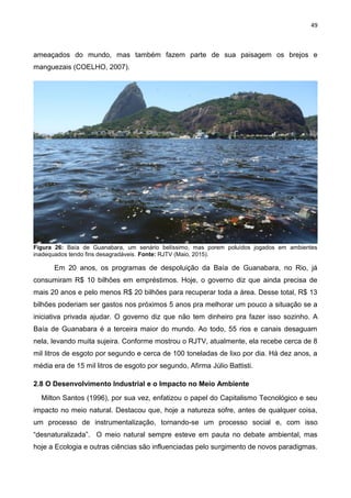49
ameaçados do mundo, mas também fazem parte de sua paisagem os brejos e
manguezais (COELHO, 2007).
Figura 26: Baía de Guanabara, um senário belíssimo, mas porem poluídos jogados em ambientes
inadequados tendo fins desagradáveis. Fonte: RJTV (Maio, 2015).
Em 20 anos, os programas de despoluição da Baía de Guanabara, no Rio, já
consumiram R$ 10 bilhões em empréstimos. Hoje, o governo diz que ainda precisa de
mais 20 anos e pelo menos R$ 20 bilhões para recuperar toda a área. Desse total, R$ 13
bilhões poderiam ser gastos nos próximos 5 anos pra melhorar um pouco a situação se a
iniciativa privada ajudar. O governo diz que não tem dinheiro pra fazer isso sozinho. A
Baía de Guanabara é a terceira maior do mundo. Ao todo, 55 rios e canais desaguam
nela, levando muita sujeira. Conforme mostrou o RJTV, atualmente, ela recebe cerca de 8
mil litros de esgoto por segundo e cerca de 100 toneladas de lixo por dia. Há dez anos, a
média era de 15 mil litros de esgoto por segundo, Afirma Júlio Battisti.
2.8 O Desenvolvimento Industrial e o Impacto no Meio Ambiente
Milton Santos (1996), por sua vez, enfatizou o papel do Capitalismo Tecnológico e seu
impacto no meio natural. Destacou que, hoje a natureza sofre, antes de qualquer coisa,
um processo de instrumentalização, tornando-se um processo social e, com isso
“desnaturalizada”. O meio natural sempre esteve em pauta no debate ambiental, mas
hoje a Ecologia e outras ciências são influenciadas pelo surgimento de novos paradigmas.
 