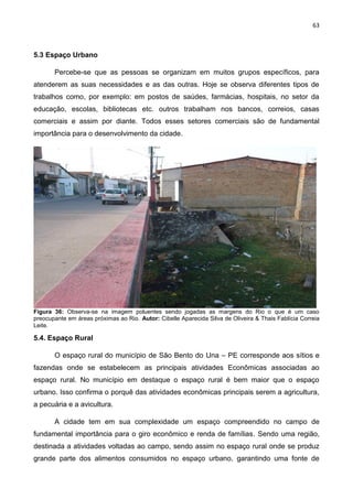 63
5.3 Espaço Urbano
Percebe-se que as pessoas se organizam em muitos grupos específicos, para
atenderem as suas necessidades e as das outras. Hoje se observa diferentes tipos de
trabalhos como, por exemplo: em postos de saúdes, farmácias, hospitais, no setor da
educação, escolas, bibliotecas etc. outros trabalham nos bancos, correios, casas
comerciais e assim por diante. Todos esses setores comerciais são de fundamental
importância para o desenvolvimento da cidade.
Figura 36: Observa-se na imagem poluentes sendo jogadas as margens do Rio o que é um caso
preocupante em áreas próximas ao Rio. Autor: Cibelle Aparecida Silva de Oliveira & Thais Fablícia Correia
Leite.
5.4. Espaço Rural
O espaço rural do município de São Bento do Una – PE corresponde aos sítios e
fazendas onde se estabelecem as principais atividades Econômicas associadas ao
espaço rural. No município em destaque o espaço rural é bem maior que o espaço
urbano. Isso confirma o porquê das atividades econômicas principais serem a agricultura,
a pecuária e a avicultura.
A cidade tem em sua complexidade um espaço compreendido no campo de
fundamental importância para o giro econômico e renda de famílias. Sendo uma região,
destinada a atividades voltadas ao campo, sendo assim no espaço rural onde se produz
grande parte dos alimentos consumidos no espaço urbano, garantindo uma fonte de
 