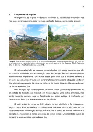 75
6. Lançamento de esgotos
O lançamento de esgotos residenciais, industriais ou hospitalares diretamente nos
rios, lagos e mares aumenta cada vez mais a poluição da água, como mostra a seguir.
Figura 49: Observa-se um pequeno trecho do rio Una, mas que passa por problemas socioambientais pois existe um
forte lançamento de esgotos diario dentro do mesmo o que garante a perda do Rio. Autores: Cibelle Aparecida
Silva de Oliveira e Taiz Fablícia Correia Leite 2015.
O mais provável são as causas e consequências, pois esses elementos que são
encontrados poluindo ou em decomposição como é o caso do “Rio Una” traz mau cheiro e
acontecimentos improváveis. Em muitos casos pode citar que o sistema sanitário é
precário, ou seja, uma estrutura sem o menor planejamento urbano adequado sendo um
dos principais causadores da morte de peixes e de outros tipos de vida que costumam
habitar as águas dos rios.
Uma situação diga constrangedora para uma cidade (localidade) que tem seu rio
em estado de deposito para material sem função alguma. Uma prática criminosa, mas
sendo bastante comum, pois a fiscalização do poder público é ineficiente em
determinadas áreas que acontecer com mais frequência.
O meio ambiente, como um todo, deixou de ser prioridade e foi colocado em
segundo plano. Para a maioria da população, o que realmente importa, são os lucros que
podem obter com a destruição dos recursos naturais; o tráfico de animais silvestres e a
poluição dos mananciais e mares. Conquista de bens e lucros é uma realidade crucial, de
consumir e gerar camadas e camadas de lixo.
 