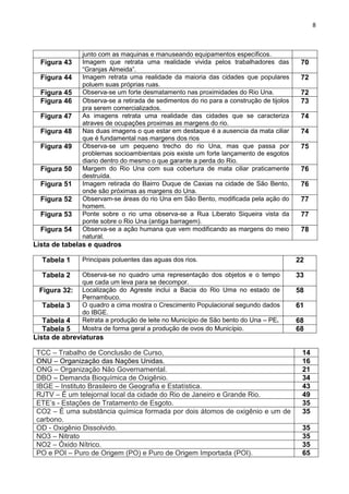 8
junto com as maquinas e manuseando equipamentos específicos.
Figura 43 Imagem que retrata uma realidade vivida pelos trabalhadores das
“Granjas Almeida”.
70
Figura 44 Imagem retrata uma realidade da maioria das cidades que populares
poluem suas próprias ruas.
72
Figura 45 Observa-se um forte desmatamento nas proximidades do Rio Una. 72
Figura 46 Observa-se a retirada de sedimentos do rio para a construção de tijolos
pra serem comercializados.
73
Figura 47 As imagens retrata uma realidade das cidades que se caracteriza
atraves de ocupações proximas as margens do rio.
74
Figura 48 Nas duas imagens o que estar em destaque é a ausencia da mata ciliar
que é fundamental nas margens dos rios
74
Figura 49 Observa-se um pequeno trecho do rio Una, mas que passa por
problemas socioambientais pois existe um forte lançamento de esgotos
diario dentro do mesmo o que garante a perda do Rio.
75
Figura 50 Margem do Rio Una com sua cobertura de mata ciliar praticamente
destruída.
76
Figura 51 Imagem retirada do Bairro Duque de Caxias na cidade de São Bento,
onde são próximas as margens do Una.
76
Figura 52 Observam-se áreas do rio Una em São Bento, modificada pela ação do
homem.
77
Figura 53 Ponte sobre o rio uma observa-se a Rua Liberato Siqueira vista da
ponte sobre o Rio Una (antiga barragem).
77
Figura 54 Observa-se a ação humana que vem modificando as margens do meio
natural.
78
Lista de tabelas e quadros
Tabela 1 Principais poluentes das aguas dos rios. 22
Tabela 2 Observa-se no quadro uma representação dos objetos e o tempo
que cada um leva para se decompor.
33
Figura 32: Localização do Agreste inclui a Bacia do Rio Uma no estado de
Pernambuco.
58
Tabela 3 O quadro a cima mostra o Crescimento Populacional segundo dados
do IBGE.
61
Tabela 4 Retrata a produção de leite no Município de São bento do Una – PE. 68
Tabela 5 Mostra de forma geral a produção de ovos do Município. 68
Lista de abreviaturas
TCC – Trabalho de Conclusão de Curso, 14
ONU – Organização das Nações Unidas. 16
ONG – Organização Não Governamental. 21
DBO – Demanda Bioquímica de Oxigênio. 34
IBGE – Instituto Brasileiro de Geografia e Estatística. 43
RJTV – É um telejornal local da cidade do Rio de Janeiro e Grande Rio. 49
ETE’s - Estações de Tratamento de Esgoto. 35
CO2 – É uma substância química formada por dois átomos de oxigênio e um de
carbono.
35
OD - Oxigênio Dissolvido. 35
NO3 – Nitrato 35
NO2 – Óxido Nítrico. 35
PO e POI – Puro de Origem (PO) e Puro de Origem Importada (POI). 65
 