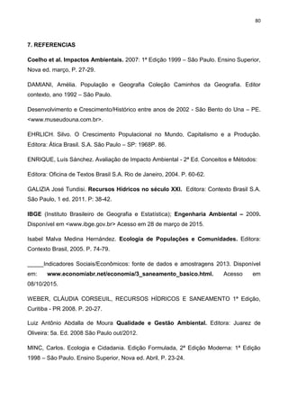 80
7. REFERENCIAS
Coelho et al. Impactos Ambientais. 2007: 1ª Edição 1999 – São Paulo. Ensino Superior,
Nova ed. março, P. 27-29.
DAMIANI, Amélia. População e Geografia Coleção Caminhos da Geografia. Editor
contexto, ano 1992 – São Paulo.
Desenvolvimento e Crescimento/Histórico entre anos de 2002 - São Bento do Una – PE.
<www.museudouna.com.br>.
EHRLICH. Silvo. O Crescimento Populacional no Mundo, Capitalismo e a Produção.
Editora: Ática Brasil. S.A. São Paulo – SP: 1968P. 86.
ENRIQUE, Luís Sánchez. Avaliação de Impacto Ambiental - 2ª Ed. Conceitos e Métodos:
Editora: Oficina de Textos Brasil S.A. Rio de Janeiro, 2004. P. 60-62.
GALIZIA José Tundisi. Recursos Hídricos no século XXI. Editora: Contexto Brasil S.A.
São Paulo, 1 ed. 2011. P: 38-42.
IBGE (Instituto Brasileiro de Geografia e Estatística); Engenharia Ambiental – 2009.
Disponível em <www.ibge.gov.br> Acesso em 28 de março de 2015.
Isabel Malva Medina Hernández. Ecologia de Populações e Comunidades. Editora:
Contexto Brasil, 2005. P. 74-79.
_____Indicadores Sociais/Econômicos: fonte de dados e amostragens 2013. Disponível
em: www.economiabr.net/economia/3_saneamento_basico.html. Acesso em
08/10/2015.
WEBER, CLÁUDIA CORSEUIL, RECURSOS HÍDRICOS E SANEAMENTO 1ª Edição,
Curitiba - PR 2008. P. 20-27.
Luiz Antônio Abdalla de Moura Qualidade e Gestão Ambiental. Editora: Juarez de
Oliveira: 5a. Ed. 2008 São Paulo out/2012.
MINC, Carlos. Ecologia e Cidadania. Edição Formulada, 2ª Edição Moderna: 1ª Edição
1998 – São Paulo. Ensino Superior, Nova ed. Abril, P. 23-24.
 