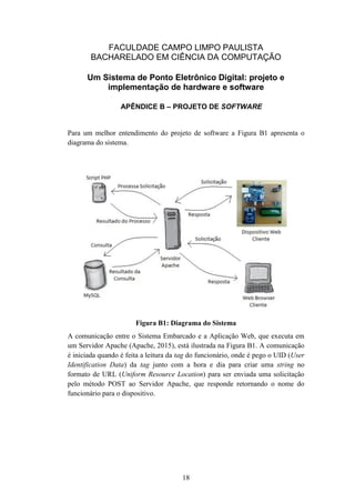 18
FACULDADE CAMPO LIMPO PAULISTA
BACHARELADO EM CIÊNCIA DA COMPUTAÇÃO
Um Sistema de Ponto Eletrônico Digital: projeto e
implementação de hardware e software
APÊNDICE B – PROJETO DE SOFTWARE
Para um melhor entendimento do projeto de software a Figura B1 apresenta o
diagrama do sistema.
Figura B1: Diagrama do Sistema
A comunicação entre o Sistema Embarcado e a Aplicação Web, que executa em
um Servidor Apache (Apache, 2015), está ilustrada na Figura B1. A comunicação
é iniciada quando é feita a leitura da tag do funcionário, onde é pego o UID (User
Identification Data) da tag junto com a hora e dia para criar uma string no
formato de URL (Uniform Resource Location) para ser enviada uma solicitação
pelo método POST ao Servidor Apache, que responde retornando o nome do
funcionário para o dispositivo.
 