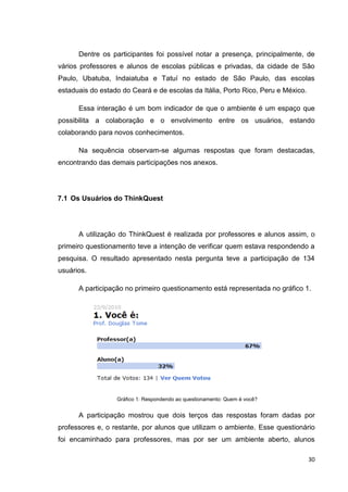 Dentre os participantes foi possível notar a presença, principalmente, de
vários professores e alunos de escolas públicas e privadas, da cidade de São
Paulo, Ubatuba, Indaiatuba e Tatuí no estado de São Paulo, das escolas
estaduais do estado do Ceará e de escolas da Itália, Porto Rico, Peru e México.

      Essa interação é um bom indicador de que o ambiente é um espaço que
possibilita a colaboração e o envolvimento entre os usuários, estando
colaborando para novos conhecimentos.

      Na sequência observam-se algumas respostas que foram destacadas,
encontrando das demais participações nos anexos.




7.1 Os Usuários do ThinkQuest




      A utilização do ThinkQuest é realizada por professores e alunos assim, o
primeiro questionamento teve a intenção de verificar quem estava respondendo a
pesquisa. O resultado apresentado nesta pergunta teve a participação de 134
usuários.

      A participação no primeiro questionamento está representada no gráfico 1.




                  Gráfico 1: Respondendo ao questionamento: Quem é você?


      A participação mostrou que dois terços das respostas foram dadas por
professores e, o restante, por alunos que utilizam o ambiente. Esse questionário
foi encaminhado para professores, mas por ser um ambiente aberto, alunos

                                                                                  30
 