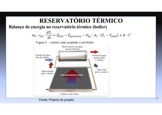 RESERVATÓRIO TÉRMICO
Balanço de energia no reservatório térmico (boiler)
𝑚𝑟 ∙ 𝑐𝑝𝑟 ∙
𝑑𝑇𝑟
𝑑𝑡
= 𝑄̇ú𝑡𝑖𝑙 − 𝐸̇𝑝𝑟𝑜𝑐𝑒𝑠𝑠𝑜 − 𝑈𝑝𝑟 ∙ 𝐴𝑟 ∙ 𝑇𝑟 − 𝑇𝑎𝑚𝑏 + 𝑅 ∙ 𝑖2
Figura 6 – coletor solar acoplado a um boiler.
Fonte: Própria do projeto.
10
 