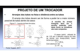 • Arranjos dos tubos no feixe e distância entre os tubos
O arranjo dos tubos devem ser de forma a poder ter o maior número
possível de tubos dentro do casco
Figura 7 - Layouts de feixe de tubos.
Fonte: Kuppan, 2017.
A escolha do arranjo
triangular deve ser a
escolha preferida, pois,
desta forma os trocadores
são mais compactos.
O passo (pitch) utilizado foi
de 1,25 vez o diâmetro externo do tubo
de acordo com Araújo,(2002). Assim
temos que passo:
P = 1,25.de
Com abertura C de:
C = P – de
13
PROJETO DE UM TROCADOR
 