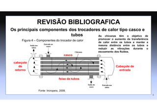 REVISÃO BIBLIOGRAFICA
Fonte: Incropera, 2008.
Figura 4 – Componentes do trocador de calor
Os principais componentes dos trocadores de calor tipo casco e
tubos
Cabeçote de
entrada
casco
feixe de tubos
cabeçote
de
retorno
As chicanas têm o objetivo de
promover o aumento da transferência
de calor entre os tubos e manter a
mesma distância entre os tubos e
reduzir as vibrações durante o
escoamento dos fluidos.
6
 