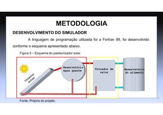 DESENVOLVIMENTO DO SIMULADOR
A linguagem de programação utilizada foi a Fortran 99, foi desenvolvido
conforme o esquema apresentado abaixo.
METODOLOGIA
Figura 5 – Esquema do pasteurizador solar.
Fonte: Própria do projeto.
7
 