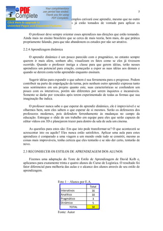 7
aprendido? Uma aula pautada em exemplos cativará esse aprendiz, mesmo que no outro
dia a aula tenha mais teoria, eles já estão tomados de vontade para aplicar os
conhecimentos.
O professor deve sempre orientar esses aprendizes nas direções que estão tomando.
Ainda mais no ensino brasileiro que se cerca de mais teoria, bem mais, do que prática
propriamente falando, para que não abandonem os estudos por não ser atrativo.
2.2.4 Aprendizagem dinâmica
O aprendiz dinâmico é um pouco parecido com o pragmático, no entanto sempre
querem ir mais além, sonham alto, visualizam os fatos como se eles já tivessem
ocorrido. Quando o professor instiga a classe para que gerem idéias, terão nesses
aprendizes um potencial para criação, começarão a expor as suas idéias aos demais e
quando se derem conta terão aprendido enquanto ensinam.
Sugerir idéias para expandir o que sabem é sua ferramenta para o progresso. Podem
contribuir na parte de empolgação da turma, pois nenhum outro aprendiz expressa tanto
seus sentimentos em um projeto quanto este, suas características se confundem um
pouco com os interativos, porém são diferentes por serem inquietos e incansáveis.
Somente se darão por vencidos após terem experimentado de todas as formas que sua
imaginação lhe indica.
O professor nunca sabe o que esperar do aprendiz dinâmico, ele é imprevisível e se
olharmos bem, nem eles sabem o que esperar de si mesmos. Serão os defensores dos
professores modernos, pois defendem ferrenhamente às mudanças no campo da
educação. Entregue o slide de um trabalho em equipe para eles que serão capazes de
editar vídeos em 3D e planejarem trazer para dentro da sala de aula um cinema.
As questões para estes são: Em que isto pode transformar-se? O que acontecerá se
acrescentar isto ou aquilo? Eles nunca estão satisfeitos. Aplicar uma aula para estes
aprendizes é comparado a uma viagem a um mundo onde tudo se constrói, mesmo as
coisas mais improváveis, tenha certeza que eles tentarão e se não der certo, tentarão de
novo.
2.3 RECONHECER OS ESTILOS DE APRENDIZAGEM DOS ALUNOS
Fizemos uma adaptação do Teste de Estilo de Aprendizagem de David Kolb e,
aplicamos para exatamente trinta e quatro alunos do Curso de Logística. O resultado foi
fator diferencial para melhoria das aulas e o alcance dos alunos através de seu estilo de
aprendizagem.
Foto 1 Alunos por E.A.
Fonte: Autor
Total
16
10
3
5
34
Analítico
Pragmático
Dinâmico
TOTAL
Interativos
 