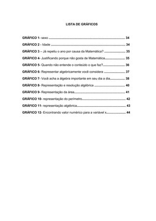 9



                                           LISTA DE GRÁFICOS



GRÁFICO 1- sexo ....................................................................................... 34

GRÁFICO 2 - Idade ..................................................................................... 34

GRÁFICO 3 – Já repetiu o ano por causa da Matemática? ........................ 35

GRÁFICO 4- Justificando porque não gosta de Matemática....................... 35

GRÁFICO 5- Quando não entende o conteúdo o que faz?......................... 36

GRÁFICO 6- Representar algebricamente você considera ........................ 37

GRÁFICO 7- Você acha a álgebra importante em seu dia a dia................. 38

GRÁFICO 8- Representação e resolução algébrica ................................... 40

GRÁFICO 9- Representação da área.......................................................... 41

GRÁFICO 10- representação do perímetro.................................................. 42

GRÁFICO 11- representação algébrica........................................................ 43

GRÁFICO 12- Encontrando valor numérico para a variável x...................... 44
 