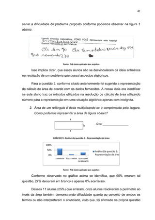 41



sanar a dificuldade do problema proposto conforme podemos observar na figura 1
abaixo:




                                  Fonte: Pré-teste aplicado aos sujeitos

      Isso implica dizer, que esses alunos não se desvincularam da ideia aritmética
                        ,
na resolução de um problema que possui aspectos algébricos.

      Para a questão 2, conforme citado anteriormente foi sugerido a representação
do cálculo de área de acordo com os dados fornecidos. A nossa ideia era identificar
se este aluno traz os métodos utilizados na resolução de cálculo de área utilizando
número para a representação em uma situação algébrica apenas com incógnita.

     2. Área de um retângulo é dada multiplicando se o comprimento pela largur
                                    multiplicando-se                    largura.
          Como podemos representar a área da figura abaixo
                                                    abaixo?
                                        a
                                                                    Área: __________________
                        b                              b
                                        a

                        GRÁFICO 9: Análise da questão 2 – Representação de área

                 100%
                  50%
                                                                   Análise Da questão 2:
                   0%                                              Representação da área
                            ERRARAM ACERTARAM DEIXARAM
                                              EM BRANCO



                                  Fonte: Pré-teste aplicado aos sujeitos

      Conforme observado no gráfico acima se identifica, que 65% erraram tal
                   rvado                               ,
questão, 27% deixaram em branco e apenas 8% acertaram.

      Desses 17 alunos (65%) que erraram, onze alunos resolveram o perímetro ao
invés da área também demonstrando dificuldade quanto ao conceito de ambos os
termos ou não interpretaram o enunciado, visto que, foi afirmado na própria questão
                              enunciado,
 
