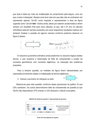 42



que área é dada por meio da multiplicação do comprimento pela largura, uma vez
que a área é retangular. Desses onze teve caso em que eles não se contiveram em
                       .     es
representar apenas “2a+2b como resposta e representaram a área da figura
                    2a+2b”
sugerida como “2a+2b=4ab Outros ainda, talvez por estarem acostum
                     4ab”.                                acostumados a terem
sempre um resultado final para seus cálculos, já que, até o 8º ano os cálculos
                                                   e,
aritméticos estavam sempre presentes com seus respectivos resultados implicou em
tentarem finalizar a questão de alguma maneira conforme podemos observar na
figura 2 abaixo:




          Fonte: Pré-teste aplicado aos sujeitos
                     teste


     O raciocínio puramente aritmético ainda predomina no raciocino lógicos destes
alunos, o que ocasiona a observação da falta de compreensão e junção de
conceitos geométricos com conceitos algébricos, na resolução dos problemas
propostos.

     Para a terceira questão as medidas da figura foram representadas p
                     questão,                                         por
expressões envolvendo adição e multiplicação de termos algébricos.

     3. Calcule o perímetro do retângulo ao lado:

    Observa-se para esta questão, conforme dados percentuais do gráfico 10 que
23% acertaram. Os outros demonstraram falta de compreensão da quest
                                                              questão já que
38,5% não responderam 27% erraram e 12% deixaram o cálculo incompleto.



                        GRÁFICO 10: Análise da questão 3 – Representação do perímetro



                    60%
                    40%                                                    analise da questão
                    20%                                                    3: Representação
                     0%                                                    do perímetro
                             erraram acertaram
                                           deixaram em branco
                                                      cálculo incompleto



                                      Fonte: Pré-teste aplicado aos sujeitos
 