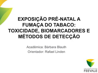 EXPOSIÇÃO PRÉ-NATAL A
     FUMAÇA DO TABACO:
TOXICIDADE, BIOMARCADORES E
   MÉTODOS DE DETECÇÃO

      Acadêmica: Bárbara Blauth
       Orientador: Rafael Linden
 