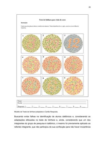 28
Modelo de Teste de Ishihara adaptado e Cartão Resposta.
Buscando evitar falhas na identificação de alunos daltônicos e, considerando as
adaptações efetuadas no teste de Ishihara e, ainda, considerando que um dos
integrantes do grupo de pesquisa é daltônico, o mesmo foi previamente aplicado ao
referido integrante, que não participou de sua confecção para não haver incoerência
 