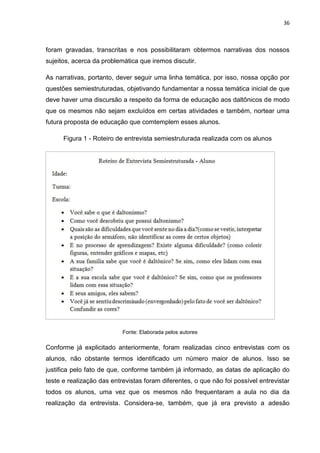 36
foram gravadas, transcritas e nos possibilitaram obtermos narrativas dos nossos
sujeitos, acerca da problemática que iremos discutir.
As narrativas, portanto, dever seguir uma linha temática, por isso, nossa opção por
questões semiestruturadas, objetivando fundamentar a nossa temática inicial de que
deve haver uma discursão a respeito da forma de educação aos daltônicos de modo
que os mesmos não sejam excluídos em certas atividades e também, nortear uma
futura proposta de educação que comtemplem esses alunos.
Figura 1 - Roteiro de entrevista semiestruturada realizada com os alunos
Fonte: Elaborada pelos autores
Conforme já explicitado anteriormente, foram realizadas cinco entrevistas com os
alunos, não obstante termos identificado um número maior de alunos. Isso se
justifica pelo fato de que, conforme também já informado, as datas de aplicação do
teste e realização das entrevistas foram diferentes, o que não foi possível entrevistar
todos os alunos, uma vez que os mesmos não frequentaram a aula no dia da
realização da entrevista. Considera-se, também, que já era previsto a adesão
 