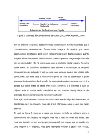 11
Figura 2. Extensão do Conhecimento do Mundo (MILGRAM; KISHINO, 1994)
Em um extremo (esquerda) desta dimensão nós temos um mundo visualizado que é
completamente desconhecido. Temos tanto imagens de objetos que foram
escaneados e sintetizados para serem vistos através de um display qualquer quanto
imagens vistas diretamente. No último caso, mesmo que esta imagem seja mostrada
por um computador, não há informação sobre o conteúdo desta imagem. Na outra
ponta temos as condições necessárias que definem a visualização de imagens
convencionais de realidade virtual, ou seja, que somente podem ser criadas pelo
computador, pois este sabe a localização e ponto de vista do observador. A parte
interessante do contínuo da dimensão da extensão de conhecimento do mundo é a
porção que cobre todos os casos entre esses extremos, e a extensão a qual os
objetos reais e virtuais serão mesclados em um mesmo display depende da
extensão de conhecimento deste mundo em particular.
Esta ação explicitamente comunica ao computador que há algo de interesse em tal
coordenada {x,y} na imagem, mas não provê informação sobre o quê este lugar
significa.
O quê na figura 2 refere-se a casos que incluem controle via software sobre o
conhecimento dos objetos na imagem, mas não a idéia de onde eles estão. Isto
pode ser ilustrado por um simples programa de AR que procura por um padrão em
uma imagem e o encontra, mas para realmente mostrar o objeto com escala,
 