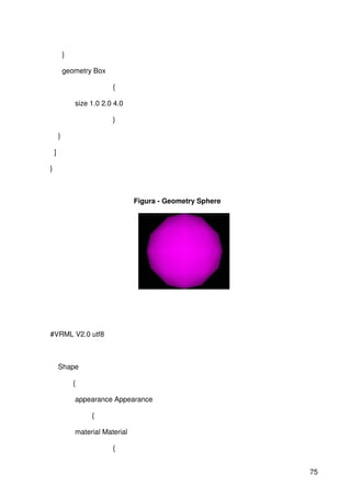 75
}
geometry Box
{
size 1.0 2.0 4.0
}
}
]
}
Figura - Geometry Sphere
#VRML V2.0 utf8
Shape
{
appearance Appearance
{
material Material
{
 