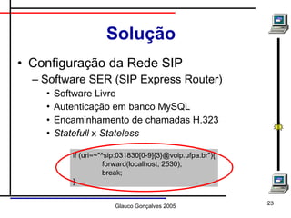 Solução Configuração da Rede SIP Software SER (SIP Express Router) Software Livre Autenticação em banco MySQL Encaminhamento de chamadas H.323 Statefull  x  Stateless if (uri=~"^sip:031830[0-9]{3}@voip.ufpa.br"){ forward(localhost, 2530); break; } 