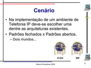 Cenário Na implementação de um ambiente de Telefonia IP deve-se escolher uma dentre as arquiteturas existentes. Padrões fechados x Padrões abertos. Dois mundos... H.323 SIP 