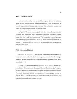 24
3.4.4 Roda Com Motor
A Roda Com Motor faz com que o robô consiga se deslocar no ambiente
desde que esta roda esteja ligada. Para ligar ou desligar a roda um programa de
controle transmitirá um comando para a mesma. Este componente ocupará uma
célula por completo e parcialmente as células vizinhas.
A Figura 3.3-d) mostra a morfologia da Roda Com Motor. Seus atributos bá-
sicos são: raio, largura, cor, massa, orientação e velocidade. Sua orientação pode
variar entre girar a roda para frente ou trás. Este componente pode ser acoplada
tanto sobre o topo quanto nas laterais do Chassi. Cada indivíduo poderá ter de no
mínimo 0 e no máximo 4 Roda Com Motor. A representação para essa peça neste
trabalho é dada por prcm.
3.4.5 Sensor de Distância
O Sensor de Distância é uma peça que consegue extrair informações do
ambiente visando localizar obstáculos e consequentemente calcular a distância que
o robô se encontra deste obstáculo. Este componente ocupará uma célula de di-
mensões de 1×1.
A Figura 3.3-e) mostra a morfologia do Sensor de Distância. Os seus atri-
butos básicos são: comprimento (1), largura (1), altura (1), cor, massa, orientação e
alcance do sensor. Sua orientação pode ser: para cima, baixo, esquerda ou direita.
O sensor de distância foi deﬁnido como sendo possível sua acoplagem somente no
topo do chassi. Cada robô poderá ter no mínimo 0 e no máximo 2 sensores. Esta
peça será representada neste trabalho por psdd.
 