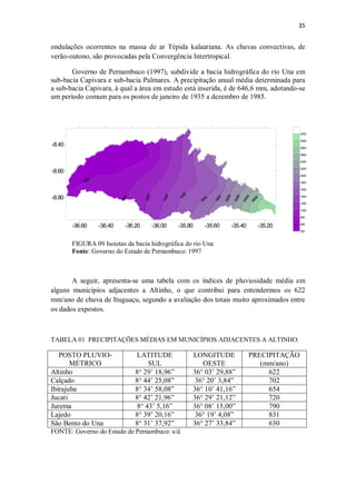35
ondulações ocorrentes na massa de ar Tépida kalaariana. As chuvas convectivas, de
verão-outono, são provocadas pela Convergência Intertropical.
Governo de Pernambuco (1997), subdivide a bacia hidrográfica do rio Una em
sub-bacia Capivara e sub-bacia Palmares. A precipitação anual média determinada para
a sub-bacia Capivara, à qual a área em estudo está inserida, é de 646,6 mm, adotando-se
um período comum para os postos de janeiro de 1935 a dezembro de 1985.
FIGURA 09 Isoietas da bacia hidrográfica do rio Una
Fonte: Governo do Estado de Pernambuco: 1997
A seguir, apresenta-se uma tabela com os índices de pluviosidade média em
alguns municípios adjacentes a Altinho, o que contribui para entendermos os 622
mm/ano de chuva de Ituguaçu, segundo a avaliação dos totais muito aproximados entre
os dados expostos.
TABELA 01 PRECIPITAÇÕES MÉDIAS EM MUNICÍPIOS ADJACENTES A ALTINHO.
POSTO PLUVIO-
MÉTRICO
LATITUDE
SUL
LONGITUDE
OESTE
PRECIPITAÇÃO
(mm/ano)
Altinho 8° 29’ 18,96” 36° 03’ 29,88” 622
Calçado 8° 44’ 25,08” 36° 20’ 3,84” 702
Ibirajuba 8° 34’ 58,08” 36° 10’ 41,16” 654
Jucati 8° 42’ 21,96” 36° 29’ 21,12” 720
Jurema 8° 43’ 5,16” 36° 08’ 15,00” 790
Lajedo 8° 39’ 20,16” 36° 19’ 4,08” 831
São Bento do Una 8° 31’ 37,92” 36° 27’ 33,84” 630
FONTE: Governo do Estado de Pernambuco: s/d.
-36.60 -36.40 -36.20 -36.00 -35.80 -35.60 -35.40 -35.20
-8.80
-8.60
-8.40
400
600
800
1000
1200
1400
1600
1800
2000
2200
2400
2600
2800
3000
3200
 