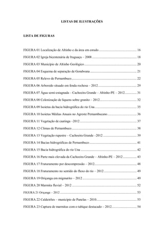 LISTAS DE ILUSTRAÇÕES
LISTA DE FIGURAS
FIGURA 01 Localização de Altinho e da área em estudo............................................ 16
FIGURA 02 Igreja bicentenária de Ituguaçu – 2008.................................................... 18
FIGURA 03 Município de Altinho Geológico............................................................. 20
FIGURA 04 Esquema de separação de Gondwana ...................................................... 21
FIGURA 05 Relevo de Pernambuco............................................................................ 22
FIGURA 06 Arboredo situado em fenda rochosa – 2012............................................. 29
FIGURA 07 Água semi-estagnada – Cachoeira Grande – Altinho-PE – 2012.............. 31
FIGURA 08 Colonização de liquens sobre granito – 2012........................................... 32
FIGURA 09 Isoietas da bacia hidrográfica do rio Una................................................. 35
FIGURA 10 Isoietas Médias Anuais no Agreste Pernambucano.................................. 36
FIGURA 11 Vegetação de caatinga –2012.................................................................. 37
FIGURA 12 Climas de Pernambuco............................................................................ 38
FIGURA 13 Vegetação rupestre – Cachoeira Grande –2012 ....................................... 39
FIGURA 14 Bacias hidrográficas de Pernambuco....................................................... 41
FIGURA 15 Bacia hidrográfica do rio Una ................................................................. 42
FIGURA 16 Parte mais elevada da Cachoeira Grande – Altinho-PE – 2012................ 43
FIGURA 17 Fraturamento por descompressão – 2012................................................. 48
FIGURA 18 Fraturamento no sentido do fluxo do rio – 2012 ...................................... 49
FIGURA 19 Oriçanga em migmatito – 2012............................................................... 49
FIGURA 20 Marmita fluvial – 2012 ........................................................................... 52
FIGURA 21 Oriçanga – 2012 ......................................................................................... 53
FIGURA 22 Caldeirões – município de Panelas – 2010............................................... 53
FIGURA 23 Captura de marmitas com o tabique destacado – 2012............................. 54
 