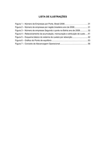 LISTA DE ILUSTRAÇÕES


Figura 1 – Número de Empresas por Porte, Brasil 2006.................................................. 31
Figura 2 – Número de empresas por região brasileira ano de 2006 ....................... 31
Figura 3 – Número de empresas Segundo o porte na Bahia ano de 2008 ............. 32
Figura 4 – Relacionamento da acumulação, mensuração e atribuição de custo .... 41
Figura 5 – Esquema básico do sistema de custeio por absorção ........................... 42
Figura 6 – Gráfico do Ponto de equilíbrio ............................................................... 53
Figura 7 – Conceito de Alavancagem Operacional ................................................. 56
 