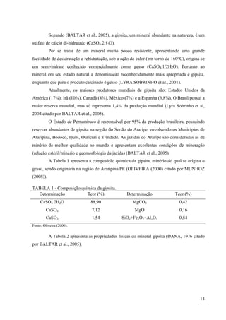 13
Segundo (BALTAR et al., 2005), a gipsita, um mineral abundante na natureza, é um
sulfato de cálcio di-hidratado (CaSO4.2H2O).
Por se tratar de um mineral muito pouco resistente, apresentando uma grande
facilidade de desidratação e rehidratação, sob a ação do calor (em torno de 160°C), origina-se
um semi-hidrato conhecido comercialmente como gesso (CaSO4.1/2H2O). Portanto ao
mineral em seu estado natural a denominação reconhecidamente mais apropriada é gipsita,
enquanto que para o produto calcinado é gesso (LYRA SOBRINHO et al., 2001).
Atualmente, os maiores produtores mundiais de gipsita são: Estados Unidos da
América (17%), Irã (10%), Canadá (8%), México (7%) e a Espanha (6,8%). O Brasil possui a
maior reserva mundial, mas só representa 1,4% da produção mundial (Lyra Sobrinho et al,
2004 citado por BALTAR et al., 2005).
O Estado de Pernambuco é responsável por 95% da produção brasileira, possuindo
reservas abundantes de gipsita na região do Sertão do Araripe, envolvendo os Municípios de
Araripina, Bodocó, Ipubi, Ouricuri e Trindade. As jazidas do Araripe são consideradas as de
minério de melhor qualidade no mundo e apresentam excelentes condições de mineração
(relação estéril/minério e geomorfologia da jazida) (BALTAR et al., 2005).
A Tabela 1 apresenta a composição química da gipsita, minério do qual se origina o
gesso, sendo originária na região de Araripina/PE (OLIVEIRA (2000) citado por MUNHOZ
(2008)).
TABELA 1 - Composição química da gipsita.
Determinação Teor (%) Determinação Teor (%)
CaSO4.2H2O 88,90 MgCO3 0,42
CaSO4 7,12 MgO 0,16
CaSO3 1,54 SiO2+Fe2O3+Al2O3 0,84
Fonte: Oliveira (2000).
A Tabela 2 apresenta as propriedades físicas do mineral gipsita (DANA, 1976 citado
por BALTAR et al., 2005).
 