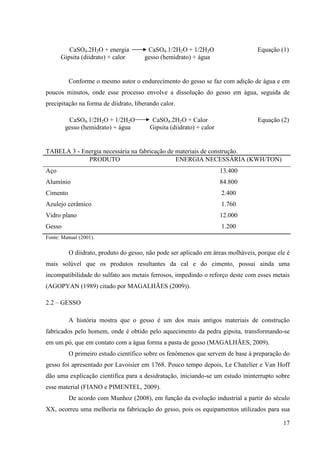 17
CaSO4.2H2O + energia CaSO4.1/2H2O + 1/2H2O Equação (1)
Gipsita (diidrato) + calor gesso (hemidrato) + água
Conforme o mesmo autor o endurecimento do gesso se faz com adição de água e em
poucos minutos, onde esse processo envolve a dissolução do gesso em água, seguida de
precipitação na forma de diidrato, liberando calor.
CaSO4.1/2H2O + 1/2H2O CaSO4.2H2O + Calor Equação (2)
gesso (hemidrato) + água Gipsita (diidrato) + calor
TABELA 3 - Energia necessária na fabricação de materiais de construção.
PRODUTO ENERGIA NECESSÁRIA (KWH/TON)
Aço 13.400
Alumínio 84.800
Cimento 2.400
Azulejo cerâmico 1.760
Vidro plano 12.000
Gesso 1.200
Fonte: Manual (2001).
O diidrato, produto do gesso, não pode ser aplicado em áreas molháveis, porque ele é
mais solúvel que os produtos resultantes da cal e do cimento, possui ainda uma
incompatibilidade do sulfato aos metais ferrosos, impedindo o reforço deste com esses metais
(AGOPYAN (1989) citado por MAGALHÃES (2009)).
2.2 – GESSO
A história mostra que o gesso é um dos mais antigos materiais de construção
fabricados pelo homem, onde é obtido pelo aquecimento da pedra gipsita, transformando-se
em um pó, que em contato com a água forma a pasta de gesso (MAGALHÃES, 2009).
O primeiro estudo científico sobre os fenômenos que servem de base à preparação do
gesso foi apresentado por Lavoisier em 1768. Pouco tempo depois, Le Chatelier e Van Hoff
dão uma explicação científica para a desidratação, iniciando-se um estudo ininterrupto sobre
esse material (FIANO e PIMENTEL, 2009).
De acordo com Munhoz (2008), em função da evolução industrial a partir do século
XX, ocorreu uma melhoria na fabricação do gesso, pois os equipamentos utilizados para sua
 