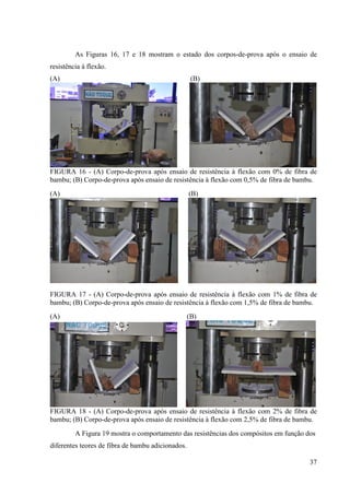 37
As Figuras 16, 17 e 18 mostram o estado dos corpos-de-prova após o ensaio de
resistência à flexão.
(A) (B)
FIGURA 16 - (A) Corpo-de-prova após ensaio de resistência à flexão com 0% de fibra de
bambu; (B) Corpo-de-prova após ensaio de resistência à flexão com 0,5% de fibra de bambu.
(A) (B)
FIGURA 17 - (A) Corpo-de-prova após ensaio de resistência à flexão com 1% de fibra de
bambu; (B) Corpo-de-prova após ensaio de resistência à flexão com 1,5% de fibra de bambu.
(A) (B)
FIGURA 18 - (A) Corpo-de-prova após ensaio de resistência à flexão com 2% de fibra de
bambu; (B) Corpo-de-prova após ensaio de resistência à flexão com 2,5% de fibra de bambu.
A Figura 19 mostra o comportamento das resistências dos compósitos em função dos
diferentes teores de fibra de bambu adicionados.
 