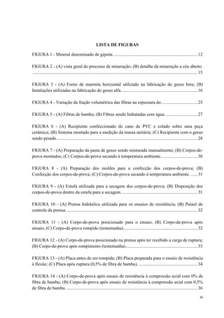 vi
LISTA DE FIGURAS
FIGURA 1 - Mineral denominado de gipsita...........................................................................12
FIGURA 2 - (A) vista geral do processo de mineração; (B) detalhe da mineração a céu aberto.
..................................................................................................................................................15
FIGURA 3 - (A) Forno de marmita horizontal utilizado na fabricação do gesso beta; (B)
Instalações utilizadas na fabricação do gesso alfa....................................................................16
FIGURA 4 - Variação da fração volumétrica das fibras na espessura do ................................25
FIGURA 5 - (A) Fibras de bambu; (B) Fibras sendo hidratadas com água. ............................27
FIGURA 6 - (A) Recipiente confeccionado de cano de PVC e colado sobre uma peça
cerâmica; (B) Sistema montado para a medição da massa unitária; (C) Recipiente com o gesso
sendo pesado.............................................................................................................................28
FIGURA 7 - (A) Preparação da pasta de gesso sendo misturada manualmente; (B) Corpos-de-
prova montados; (C) Corpos-de-prova secando à temperatura ambiente.................................30
FIGURA 8 - (A) Preparação dos moldes para a confecção dos corpos-de-prova; (B)
Confecção dos corpos-de-prova; (C) Corpos-de-prova secando à temperatura ambiente. ......31
FIGURA 9 - (A) Estufa utilizada para a secagem dos corpos-de-prova; (B) Disposição dos
corpos-de-prova dentro da estufa para a secagem....................................................................31
FIGURA 10 - (A) Prensa hidráulica utilizada para os ensaios de resistência; (B) Painel de
controle da prensa.....................................................................................................................32
FIGURA 11 - (A) Corpo-de-prova posicionado para o ensaio; (B) Corpo-de-prova após
ensaio; (C) Corpo-de-prova rompido (testemunha)..................................................................32
FIGURA 12 - (A) Corpo-de-prova posicionado na prensa após ter recebido a carga de ruptura;
(B) Corpo-de-prova após rompimento (testemunha)................................................................33
FIGURA 13 - (A) Placa antes de ser rompida; (B) Placa preparada para o ensaio de resistência
à flexão; (C) Placa após ruptura (0,5% de fibra de bambu). ....................................................34
FIGURA 14 - (A) Corpo-de-prova após ensaio de resistência à compressão axial com 0% de
fibra de bambu; (B) Corpo-de-prova após ensaio de resistência à compressão axial com 0,5%
de fibra de bambu. ....................................................................................................................36
 