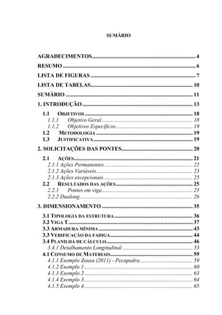 DIMENSIONAMENTO E ANÁLISE DE DIFERENTES PROPOSTAS DE
LONGARINAS PARA PONTES DE CONCRETO ARMADO
11
Acadêmico: Luiz Antonio Forte Orientador: Daniel D. Loriggio, Dr.
SUMÁRIO
AGRADECIMENTOS.......................................................................... 4
RESUMO ............................................................................................... 6
LISTA DE FIGURAS ........................................................................... 7
LISTA DE TABELAS......................................................................... 10
SUMÁRIO ........................................................................................... 11
1. INTRODUÇÃO............................................................................... 13
1.1 OBJETIVOS ............................................................................. 18
1.1.1 Objetivo Geral................................................................. 18
1.1.2 Objetivos Específicos....................................................... 19
1.2 METODOLOGIA ..................................................................... 19
1.3 JUSTIFICATIVA....................................................................... 19
2. SOLICITAÇÕES DAS PONTES................................................... 20
2.1 AÇÕES..................................................................................... 21
2.1.1 Ações Permanentes ............................................................... 22
2.1.2 Ações Variáveis..................................................................... 23
2.1.3 Ações excepcionais ............................................................... 25
2.2 RESULTADOS DAS AÇÕES....................................................... 25
2.2.1 Pontes em viga................................................................. 25
2.2.2 Dualong................................................................................. 26
3. DIMENSIONAMENTO ................................................................. 35
3.1 TIPOLOGIA DA ESTRUTURA ........................................................ 36
3.2 VIGA T......................................................................................... 37
3.3 ARMADURA MÍNIMA ................................................................... 43
3.3 VERIFICAÇÃO DA FADIGA........................................................... 44
3.4 PLANILHA DE CÁLCULO.............................................................. 46
3.4.1 Detalhamento Longitudinal .................................................. 53
4.1 CONSUMO DE MATERIAIS........................................................... 59
4.1.1 Exemplo Zousa (2011) - Pecapedra...................................... 59
4.1.2 Exemplo 1.............................................................................. 60
4.1.3 Exemplo 2.............................................................................. 63
4.1.4 Exemplo 3.............................................................................. 64
4.1.5 Exemplo 4.............................................................................. 65
 