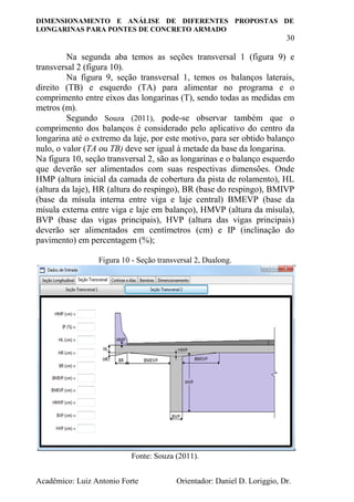 DIMENSIONAMENTO E ANÁLISE DE DIFERENTES PROPOSTAS DE
LONGARINAS PARA PONTES DE CONCRETO ARMADO
30
Acadêmico: Luiz Antonio Forte Orientador: Daniel D. Loriggio, Dr.
Na segunda aba temos as seções transversal 1 (figura 9) e
transversal 2 (figura 10).
Na figura 9, seção transversal 1, temos os balanços laterais,
direito (TB) e esquerdo (TA) para alimentar no programa e o
comprimento entre eixos das longarinas (T), sendo todas as medidas em
metros (m).
Segundo Souza (2011), pode-se observar também que o
comprimento dos balanços é considerado pelo aplicativo do centro da
longarina até o extremo da laje, por este motivo, para ser obtido balanço
nulo, o valor (TA ou TB) deve ser igual à metade da base da longarina.
Na figura 10, seção transversal 2, são as longarinas e o balanço esquerdo
que deverão ser alimentados com suas respectivas dimensões. Onde
HMP (altura inicial da camada de cobertura da pista de rolamento), HL
(altura da laje), HR (altura do respingo), BR (base do respingo), BMIVP
(base da mísula interna entre viga e laje central) BMEVP (base da
mísula externa entre viga e laje em balanço), HMVP (altura da mísula),
BVP (base das vigas principais), HVP (altura das vigas principais)
deverão ser alimentados em centímetros (cm) e IP (inclinação do
pavimento) em percentagem (%);
Figura 10 - Seção transversal 2, Dualong.
Fonte: Souza (2011).
 