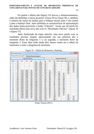 DIMENSIONAMENTO E ANÁLISE DE DIFERENTES PROPOSTAS DE
LONGARINAS PARA PONTES DE CONCRETO ARMADO
34
Acadêmico: Luiz Antonio Forte Orientador: Daniel D. Loriggio, Dr.
Na quinta e última aba (figura 15) tem-se o dimensionamento,
onde são definidos a classe da ponte, Classe 30 ou Classe 40, e, também,
o número de seções de análise para o balanço inicial, para o vão central
e para o balanço final. Após definidas as características de apresentação
dos dados basta pressionar o botão “Calcular”. Assim que tal tarefa for
concluída abrirá uma nova aba com os “Resultados Parciais” (figura 16
e figura 17).
Após finalização da etapa anterior, uma nova janela com os
resultados parciais surgirá, apresentando em sua primeira aba o
momento fletor da longarina 1 e, na segunda, o momento fletor da
longarina 2. Estas abas terão ainda dois menus sendo um a tabela de
momentos e outro o diagrama de momento.
Figura 16 - Tabela de Momentos, Dualong.
Fonte: Souza (2011).
 