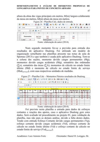DIMENSIONAMENTO E ANÁLISE DE DIFERENTES PROPOSTAS DE
LONGARINAS PARA PONTES DE CONCRETO ARMADO
47
Acadêmico: Luiz Antonio Forte Orientador: Daniel D. Loriggio, Dr.
altura da alma das vigas principais em metros, bf(m) largura colaborante
da mesa em metros, hf(m) altura da mesa em metros.
Figura 26 - Planilha Calc, dados de entrada.
Fonte: elaboração do autor (2014).
Num segundo momento fez-se a previsão para entrada dos
resultados do aplicativo Dualong. Foi utilizado um modelo de
organização semelhante nas planilhas presente nas notas de aula de
Spernau (2013) e que também é usada pelo aplicativo Dualong. Tem-se
a coluna das seções, momento devido cargas permanentes (Mg),
momentos devido cargas acidentais (Mq), somatório das ordenadas
(∑n), somatório das áreas (∑A), momentos de cálculo no estado limite
último (Md) e momento de cálculo no estado limite de serviço
(Msd(serviço)), com suas respectivas unidades de medidas.
Figura 27 - Planilha Calc – Momentos Fletores resultados do Dualong.
Fonte: elaboração do autor (2014).
Foi previsto nesta planilha a entrada para dados de esforços
cortantes e reações dos apoios, caso o aplicativo Dualong gere estes
dados. Será avaliado tal procedimento no projeto 01, para validação da
planilha, mas não para as demais análise, devido a falta destes dados.
Tendo com entrada Esforço Cortante devido cargas permanentes (Vg),
esforço cortante devido cargas acidentais (Vd), esforço cortante de
cálculo no estado limite último (Vd) e esforço cortante de cálculo no
estado limite de serviço (Vsd(serviço)).
 