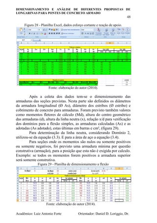 DIMENSIONAMENTO E ANÁLISE DE DIFERENTES PROPOSTAS DE
LONGARINAS PARA PONTES DE CONCRETO ARMADO
48
Acadêmico: Luiz Antonio Forte Orientador: Daniel D. Loriggio, Dr.
Figura 28 - Planilha Excel, dados esforço cortante e reação de apoio.
Fonte: elaboração do autor (2014).
Após a coleta dos dados tem-se o dimensionamento das
armaduras das seções previstas. Nesta parte são definidos os diâmetros
da armadura longitudinal (Ø As), diâmetro dos estribos (Ø estribo) e
cobrimento de concreto para armaduras. Foram previsto também valores
como momentos fletores de cálculo (Md), altura do centro geométrico
das armaduras (d), altura da linha neutra (x), relação x/d para verificação
dos domínios para a flexão simples, as armaduras calculadas (As) e as
adotadas (As adotado), estas últimas em barras e cm², (figura 29).
Para determinação da linha neutra, considerando Domínio 2,
utilizou-se da equação (3.3). E para a área de aço a equação (3.4).
Para seções onde os momentos são nulos ou somente positivos
ou somente negativos, foi previsto uma armadura mínima por questão
construtiva (armação), para a posição que esta não é exigida por calculo.
Exemplo: se todos os momentos forem positivos a armadura superior
será somente construtiva.
Figura 29 - Planilha de dimensionamento a flexão
Fonte: elaboração do autor (2014).
 