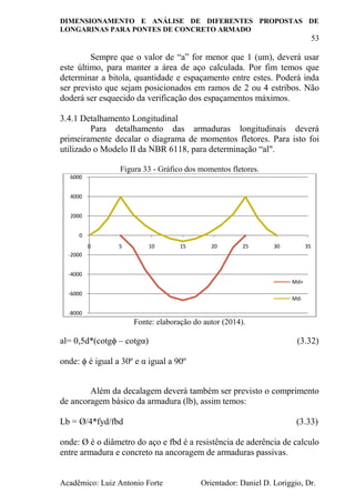 DIMENSIONAMENTO E ANÁLISE DE DIFERENTES PROPOSTAS DE
LONGARINAS PARA PONTES DE CONCRETO ARMADO
53
Acadêmico: Luiz Antonio Forte Orientador: Daniel D. Loriggio, Dr.
Sempre que o valor de “a” for menor que 1 (um), deverá usar
este último, para manter a área de aço calculada. Por fim temos que
determinar a bitola, quantidade e espaçamento entre estes. Poderá inda
ser previsto que sejam posicionados em ramos de 2 ou 4 estribos. Não
doderá ser esquecido da verificação dos espaçamentos máximos.
3.4.1 Detalhamento Longitudinal
Para detalhamento das armaduras longitudinais deverá
primeiramente decalar o diagrama de momentos fletores. Para isto foi
utilizado o Modelo II da NBR 6118, para determinação “al".
Figura 33 - Gráfico dos momentos fletores.
Fonte: elaboração do autor (2014).
al= 0,5d*(cotgϕ – cotgα) (3.32)
onde: ϕ é igual a 30º e α igual a 90º
Além da decalagem deverá também ser previsto o comprimento
de ancoragem básico da armadura (lb), assim temos:
Lb = Ø/4*fyd/fbd (3.33)
onde: Ø é o diâmetro do aço e fbd é a resistência de aderência de calculo
entre armadura e concreto na ancoragem de armaduras passivas.
-8000
-6000
-4000
-2000
0
2000
4000
6000
0 5 10 15 20 25 30 35
Md+
Md-
 
