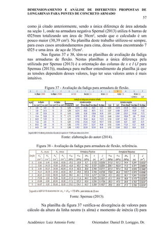 DIMENSIONAMENTO E ANÁLISE DE DIFERENTES PROPOSTAS DE
LONGARINAS PARA PONTES DE CONCRETO ARMADO
57
Acadêmico: Luiz Antonio Forte Orientador: Daniel D. Loriggio, Dr.
como já citado anteriormente, sendo a única diferença de área adotada
na seção 1, onde na armadura negativa Spernal (2013) utiliza 6 barras de
Ø25mm totalizando um área de 30cm², sendo que o calculado é um
pouco maior (30,39 cm²). Na planilha deste trabalho utilizou-se sempre,
para esses casos arredondamentos para cima, dessa forma encontrando 7
Ø25 e uma área de aço de 35cm².
Nas figuras 37 e 38, têm-se as planilhas de avaliação da fadiga
nas armaduras de flexão. Nestas planilhas a única diferença pela
utilizada por Spenau (2013) é a orientação das colunas de x e I (J para
Spernau (2013)), mudança para melhor entendimento da planilha já que
as tensões dependem desses valores, logo ter seus valores antes é mais
intuitivo.
Figura 37 - Avaliação da fadiga para armadura de flexão.
Fonte: elaboração do autor (2014).
Figura 38 - Avaliação da fadiga para armadura de flexão, referência.
Fonte: Spernau (2013).
Na planilha da figura 37 verifica-se divergência de valores para
cálculo da altura da linha neutra (x alma) e momento de inércia (I) para
 