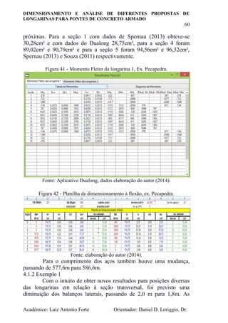DIMENSIONAMENTO E ANÁLISE DE DIFERENTES PROPOSTAS DE
LONGARINAS PARA PONTES DE CONCRETO ARMADO
60
Acadêmico: Luiz Antonio Forte Orientador: Daniel D. Loriggio, Dr.
próximas. Para a seção 1 com dados de Spernau (2013) obteve-se
30,28cm² e com dados do Dualong 28,75cm², para a seção 4 foram
89,02cm² e 90,79cm² e para a seção 5 foram 94,56cm² e 96,32cm²,
Spernau (2013) e Souza (2011) respectivamente.
Figura 41 - Momento Fletor da longarina 1, Ex. Pecapedra.
Fonte: Aplicativo Dualong, dados elaboração do autor (2014).
Figura 42 - Planilha de dimensionamento à flexão, ex. Pecapedra.
Fonte: elaboração do autor (2014).
Para o comprimento dos aços também houve uma mudança,
passando de 577,6m para 586,6m.
4.1.2 Exemplo 1
Com o intuito de obter novos resultados para posições diversas
das longarinas em relação à seção transversal, foi previsto uma
diminuição dos balanços laterais, passando de 2,0 m para 1,8m. As
 