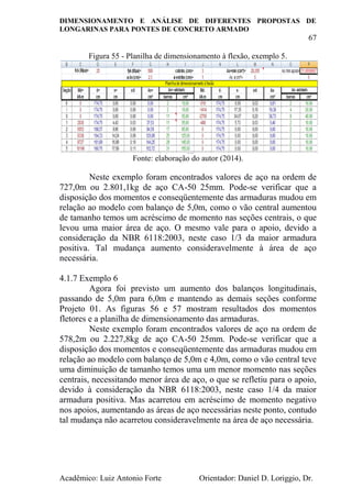 DIMENSIONAMENTO E ANÁLISE DE DIFERENTES PROPOSTAS DE
LONGARINAS PARA PONTES DE CONCRETO ARMADO
67
Acadêmico: Luiz Antonio Forte Orientador: Daniel D. Loriggio, Dr.
Figura 55 - Planilha de dimensionamento à flexão, exemplo 5.
Fonte: elaboração do autor (2014).
Neste exemplo foram encontrados valores de aço na ordem de
727,0m ou 2.801,1kg de aço CA-50 25mm. Pode-se verificar que a
disposição dos momentos e conseqüentemente das armaduras mudou em
relação ao modelo com balanço de 5,0m, como o vão central aumentou
de tamanho temos um acréscimo de momento nas seções centrais, o que
levou uma maior área de aço. O mesmo vale para o apoio, devido a
consideração da NBR 6118:2003, neste caso 1/3 da maior armadura
positiva. Tal mudança aumento consideravelmente à área de aço
necessária.
4.1.7 Exemplo 6
Agora foi previsto um aumento dos balanços longitudinais,
passando de 5,0m para 6,0m e mantendo as demais seções conforme
Projeto 01. As figuras 56 e 57 mostram resultados dos momentos
fletores e a planilha de dimensionamento das armaduras.
Neste exemplo foram encontrados valores de aço na ordem de
578,2m ou 2.227,8kg de aço CA-50 25mm. Pode-se verificar que a
disposição dos momentos e conseqüentemente das armaduras mudou em
relação ao modelo com balanço de 5,0m e 4,0m, como o vão central teve
uma diminuição de tamanho temos uma um menor momento nas seções
centrais, necessitando menor área de aço, o que se refletiu para o apoio,
devido à consideração da NBR 6118:2003, neste caso 1/4 da maior
armadura positiva. Mas acarretou em acréscimo de momento negativo
nos apoios, aumentando as áreas de aço necessárias neste ponto, contudo
tal mudança não acarretou consideravelmente na área de aço necessária.
 