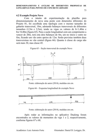 DIMENSIONAMENTO E ANÁLISE DE DIFERENTES PROPOSTAS DE
LONGARINAS PARA PONTES DE CONCRETO ARMADO
73
Acadêmico: Luiz Antonio Forte Orientador: Daniel D. Loriggio, Dr.
4.2 Exemplo Projeto Novo
Com o intuito de experimentação da planilha para
dimensionamento de nova uma ponte com dimensões diferentes do
Projeto 01, foi escolhida uma tipologia com o mesmo tamanho de
gabarito transversal, 10m, adotando balanços transversais de diferentes
tamanhos (1,5m e 2,5m), tendo as vigas os valores de h=1,40m e
bw=0,40m (figura 65). Para a seção longitudinal com um comprimento a
vencer de 20m, terá esta dois balanços de 4m, um no início e outro no
fim, ficando um vão entre apoios de 12m. Serão previstas também duas
transversinas no vão central (figura 66). Quanto à classe de carga não
será mais 30, mas classe 45.
Figura 65 – Seção transversal do exemplo Novo
Fonte: elaboração do autor (2014), medidas em cm.
Figura 66 – Esquema longitudinal do exemplo Novo
Fonte: elaboração do autor (2014), medidas em cm.
Após rodar as informações no aplicativo Dualong foram
encontrados os valores de momentos da viga 1 e 2, respectivamente,
conforme figuras 67 e 68.
 