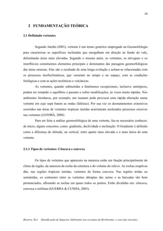 14
Bezerra, M.J. Identificação de Impactos Ambientais nas escarpas da Borborema: o caso das encostas...
2 FUNDAMENTAÇÃO TEÓRICA
2.1 Definindo vertentes
Segundo Jatobá (2003), vertente é um termo genérico empregado na Geomorfologia
para caracterizar as superfícies inclinadas que mergulham em direção ao fundo do vale,
delimitando áreas mais elevadas. Segundo o mesmo autor, as vertentes, os talvegues e os
interflúvios constituímos elementos principais e dominantes das paisagens geomorfológicas
das áreas emersas. Elas são o resultado de uma longa evolução e acham-se relacionadas com
os processos morfoclimáticas, que variaram no tempo e no espaço, com as condições
litológicas e com as ações tectônicas e vulcânicas.
As vertentes, quando submetidas a fenômenos excepcionais, inclusive antrópicos,
podem ter rompido o equilíbrio e passam a sofrer modificações, às vezes muito rápidas. Nos
ambientes litorâneos, por exemplo, um tsunami pode provocar uma rápida alteração numa
vertente em cujo sopé batem as ondas (falésias). Por sua vez os desmatamentos extensivos
ocorridos nas áreas de vertentes tropicais úmidas acarretaram acelerados processos erosivos
nas vertentes (JATOBÁ, 2008).
Para ser feita a análise geomorfológica de uma vertente, faz-se necessário conhecer,
de início, alguns conceitos, como: gradiente, declividade e inclinação. O Gradiente é definido
como a diferença de altitude, na vertical, entre aparte mais elevada e a mais baixa de uma
vertente.
2.1.1 Tipos de vertentes: Côncava e convexa
Os tipos de vertentes que aparecem na natureza estão em função principalmente do
clima da região, da natureza da rocha da estrutura e do volume do relevo. As rochas eruptivas
dão, nas regiões tropicais úmidas, vertentes de forma convexa. Nas regiões áridas ou
semiáridas, os contrastes entre as vertentes abruptas das serras e as baixadas são bem
pronunciados, aflorando as rochas em quase todos os pontos. Estão divididas em: côncava,
convexa e retilínea (GUERRA & CUNHA, 2003).
 
