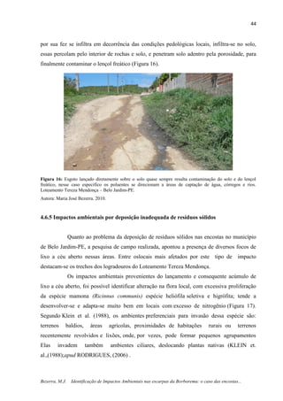 44
Bezerra, M.J. Identificação de Impactos Ambientais nas escarpas da Borborema: o caso das encostas...
por sua fez se infiltra em decorrência das condições pedológicas locais, infiltra-se no solo,
essas percolam pelo interior de rochas e solo, e penetram solo adentro pela porosidade, para
finalmente contaminar o lençol freático (Figura 16).
Figura 16: Esgoto lançado diretamente sobre o solo quase sempre resulta contaminação do solo e do lençol
freático, nesse caso especifico os poluentes se direcionam a áreas de captação de água, córregos e rios.
Loteamento Tereza Mendonça – Belo Jardim-PE.
Autora: Maria José Bezerra. 2010.
4.6.5 Impactos ambientais por deposição inadequada de resíduos sólidos
Quanto ao problema da deposição de resíduos sólidos nas encostas no município
de Belo Jardim-PE, a pesquisa de campo realizada, apontou a presença de diversos focos de
lixo a céu aberto nessas áreas. Entre oslocais mais afetados por este tipo de impacto
destacam-se os trechos dos logradouros do Loteamento Tereza Mendonça.
Os impactos ambientais provenientes do lançamento e consequente acúmulo de
lixo a céu aberto, foi possível identificar alteração na flora local, com excessiva proliferação
da espécie mamona (Ricinnus communis) espécie heliófila seletiva e higrófita; tende a
desenvolver-se e adapta-se muito bem em locais com excesso de nitrogênio (Figura 17).
Segundo Klein et al. (1988), os ambientes preferenciais para invasão dessa espécie são:
terrenos baldios, áreas agrícolas, proximidades de habitações rurais ou terrenos
recentemente revolvidos e lixões, onde, por vezes, pode formar pequenos agrupamentos
Elas invadem também ambientes ciliares, deslocando plantas nativas (KLEIN et.
al.,(1988);apud RODRIGUES, (2006) .
 