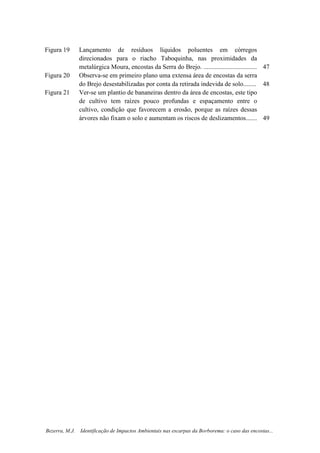 6
Bezerra, M.J. Identificação de Impactos Ambientais nas escarpas da Borborema: o caso das encostas...
Figura 19 Lançamento de resíduos líquidos poluentes em córregos
direcionados para o riacho Taboquinha, nas proximidades da
metalúrgica Moura, encostas da Serra do Brejo. ................................. 47
Figura 20 Observa-se em primeiro plano uma extensa área de encostas da serra
do Brejo desestabilizadas por conta da retirada indevida de solo........ 48
Figura 21 Ver-se um plantio de bananeiras dentro da área de encostas, este tipo
de cultivo tem raízes pouco profundas e espaçamento entre o
cultivo, condição que favorecem a erosão, porque as raízes dessas
árvores não fixam o solo e aumentam os riscos de deslizamentos....... 49
 