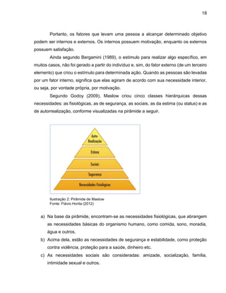 18
Portanto, os fatores que levam uma pessoa a alcançar determinado objetivo
podem ser internos e externos. Os internos possuem motivação, enquanto os externos
possuem satisfação.
Ainda segundo Bergamini (1989), o estímulo para realizar algo específico, em
muitos casos, não foi gerado a partir do indivíduo e, sim, do fator externo (de um terceiro
elemento) que criou o estímulo para determinada ação. Quando as pessoas são levadas
por um fator interno, significa que elas agiram de acordo com sua necessidade interior,
ou seja, por vontade própria, por motivação.
Segundo Godoy (2009), Maslow criou cinco classes hierárquicas dessas
necessidades: as fisiológicas, as de segurança, as sociais, as da estima (ou status) e as
de autorrealização, conforme visualizadas na pirâmide a seguir.
Ilustração 2: Pirâmide de Maslow
Fonte: Flávio Horita (2012)
a) Na base da pirâmide, encontram-se as necessidades fisiológicas, que abrangem
as necessidades básicas do organismo humano, como comida, sono, moradia,
água e outros.
b) Acima dela, estão as necessidades de segurança e estabilidade, como proteção
contra violência, proteção para a saúde, dinheiro etc.
c) As necessidades sociais são consideradas: amizade, socialização, família,
intimidade sexual e outros.
 