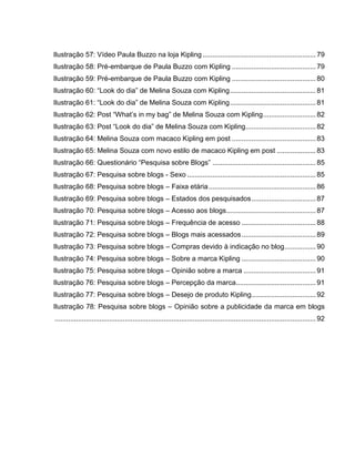 Ilustração 57: Vídeo Paula Buzzo na loja Kipling .......................................................... 79
Ilustração 58: Pré-embarque de Paula Buzzo com Kipling ........................................... 79
Ilustração 59: Pré-embarque de Paula Buzzo com Kipling ........................................... 80
Ilustração 60: “Look do dia” de Melina Souza com Kipling............................................ 81
Ilustração 61: “Look do dia” de Melina Souza com Kipling............................................ 81
Ilustração 62: Post “What’s in my bag” de Melina Souza com Kipling........................... 82
Ilustração 63: Post “Look do dia” de Melina Souza com Kipling.................................... 82
Ilustração 64: Melina Souza com macaco Kipling em post ........................................... 83
Ilustração 65: Melina Souza com novo estilo de macaco Kipling em post .................... 83
Ilustração 66: Questionário “Pesquisa sobre Blogs” ..................................................... 85
Ilustração 67: Pesquisa sobre blogs - Sexo .................................................................. 85
Ilustração 68: Pesquisa sobre blogs – Faixa etária....................................................... 86
Ilustração 69: Pesquisa sobre blogs – Estados dos pesquisados................................. 87
Ilustração 70: Pesquisa sobre blogs – Acesso aos blogs.............................................. 87
Ilustração 71: Pesquisa sobre blogs – Frequência de acesso ...................................... 88
Ilustração 72: Pesquisa sobre blogs – Blogs mais acessados...................................... 89
Ilustração 73: Pesquisa sobre blogs – Compras devido à indicação no blog................ 90
Ilustração 74: Pesquisa sobre blogs – Sobre a marca Kipling ...................................... 90
Ilustração 75: Pesquisa sobre blogs – Opinião sobre a marca ..................................... 91
Ilustração 76: Pesquisa sobre blogs – Percepção da marca......................................... 91
Ilustração 77: Pesquisa sobre blogs – Desejo de produto Kipling................................. 92
Ilustração 78: Pesquisa sobre blogs – Opinião sobre a publicidade da marca em blogs
...................................................................................................................................... 92
 