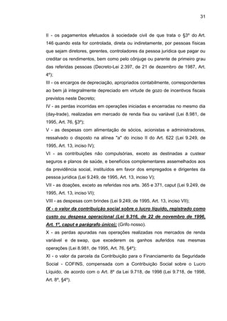 31 
II - os pagamentos efetuados à sociedade civil de que trata o §3º do Art. 146 quando esta for controlada, direta ou indiretamente, por pessoas físicas que sejam diretores, gerentes, controladores da pessoa jurídica que pagar ou creditar os rendimentos, bem como pelo cônjuge ou parente de primeiro grau das referidas pessoas (Decreto-Lei 2.397, de 21 de dezembro de 1987, Art. 4º); 
III - os encargos de depreciação, apropriados contabilmente, correspondentes ao bem já integralmente depreciado em virtude de gozo de incentivos fiscais previstos neste Decreto; 
IV - as perdas incorridas em operações iniciadas e encerradas no mesmo dia (day-trade), realizadas em mercado de renda fixa ou variável (Lei 8.981, de 1995, Art. 76, §3º); 
V - as despesas com alimentação de sócios, acionistas e administradores, ressalvado o disposto na alínea "a" do inciso II do Art. 622 (Lei 9.249, de 1995, Art. 13, inciso IV); 
VI - as contribuições não compulsórias, exceto as destinadas a custear seguros e planos de saúde, e benefícios complementares assemelhados aos da previdência social, instituídos em favor dos empregados e dirigentes da pessoa jurídica (Lei 9.249, de 1995, Art. 13, inciso V); 
VII - as doações, exceto as referidas nos arts. 365 e 371, caput (Lei 9.249, de 1995, Art. 13, inciso VI); 
VIII - as despesas com brindes (Lei 9.249, de 1995, Art. 13, inciso VII); 
IX - o valor da contribuição social sobre o lucro líquido, registrado como custo ou despesa operacional (Lei 9.316, de 22 de novembro de 1996, Art. 1º, caput e parágrafo único); (Grifo nosso). 
X - as perdas apuradas nas operações realizadas nos mercados de renda variável e de swap, que excederem os ganhos auferidos nas mesmas operações (Lei 8.981, de 1995, Art. 76, §4º); 
XI - o valor da parcela da Contribuição para o Financiamento da Seguridade Social - COFINS, compensada com a Contribuição Social sobre o Lucro Líquido, de acordo com o Art. 8º da Lei 9.718, de 1998 (Lei 9.718, de 1998, Art. 8º, §4º). 
 