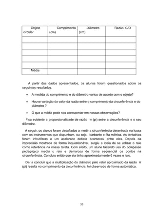 Objeto
circular
Comprimento
(cm)
Diâmetro
(cm)
Razão C/D
Média
A partir dos dados apresentados, os alunos foram questionados sobre os
seguintes resultados:
• A medida do comprimento e do diâmetro variou de acordo com o objeto?
• Houve variação do valor da razão entre o comprimento da circunferência e do
diâmetro ?
• O que a média pode nos acrescentar em nossas observações?
Fica evidente a proporcionalidade de razão π (pi) entre a circunferência e o seu
diâmetro.
A seguir, os alunos foram desafiados a medir a circunferência desenhada na lousa
com os instrumentos que dispunham, ou seja, barbante e fita métrica. As tentativas
foram infrutíferas e um acalorado debate aconteceu entre eles. Depois da
imprecisão mostrada de forma inquestionável, surgiu a ideia de se utilizar o raio
como referência na nossa tarefa. Com efeito, um aluno fazendo uso do compasso
pedagógico mediu o raio e demarcou de forma sequencial os pontos na
circunferência. Concluiu então que ela tinha aproximadamente 6 vezes o raio.
Daí a concluir que a multiplicação do diâmetro pelo valor aproximado da razão π
(pi) resulta no comprimento da circunferência, foi observado de forma automática.
20
 