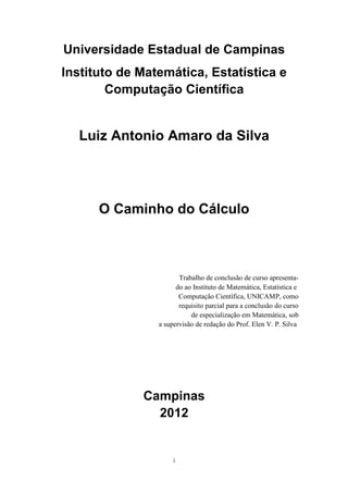 Universidade Estadual de Campinas
Instituto de Matemática, Estatística e
Computação Científica
Luiz Antonio Amaro da Silva
O Caminho do Cálculo
Trabalho de conclusão de curso apresenta-
do ao Instituto de Matemática, Estatística e
Computação Científica, UNICAMP, como
requisito parcial para a conclusão do curso
de especialização em Matemática, sob
a supervisão de redação do Prof. Elen V. P. Silva
Campinas
2012
i
 