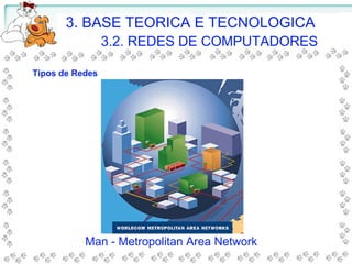 3. BASE TEORICA E TECNOLOGICA
3.2. REDES DE COMPUTADORES
Man - Metropolitan Area Network
Tipos de Redes
 